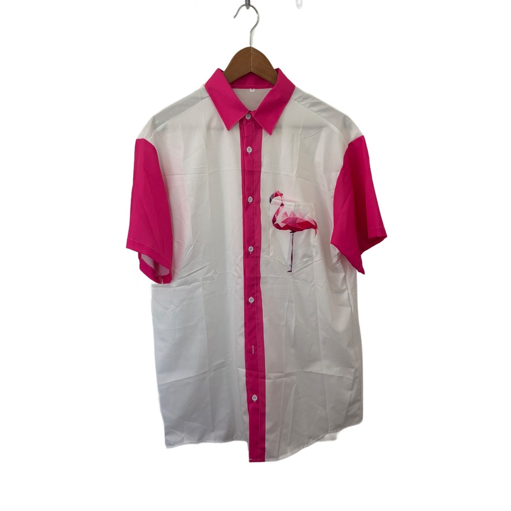 NIB Pink Flamingo Geometric Print Short Sleeve Button Down Shirt White Pink Med